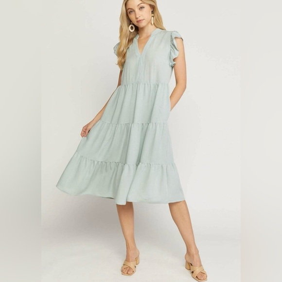 Coololi Dresses & Skirts - Spring Ruffle Layered V Neck Midi Dress Light Green